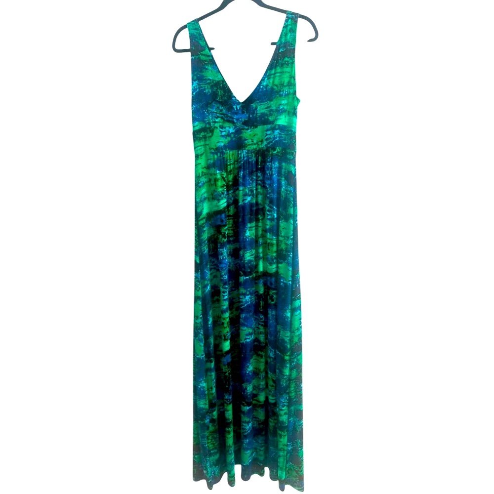 •EUC Beautiful Willi Smith Women’s Medium Maxi Dress Blues Greens VNeck/Back